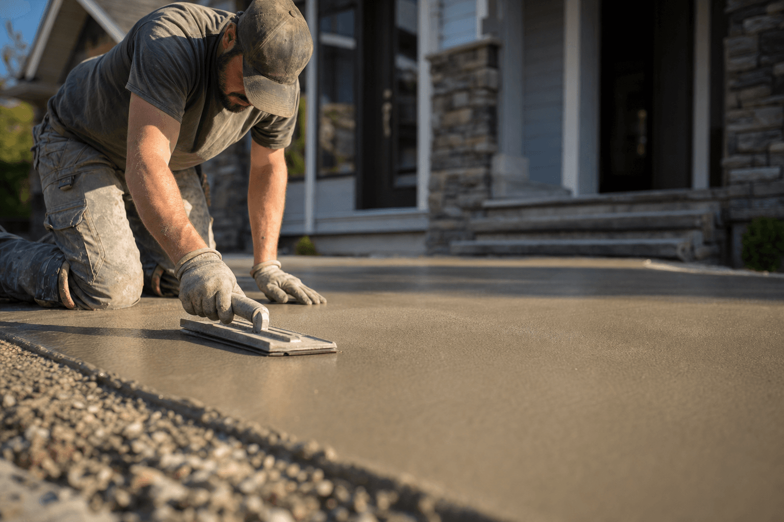 Concrete finisher working on a driveway pour