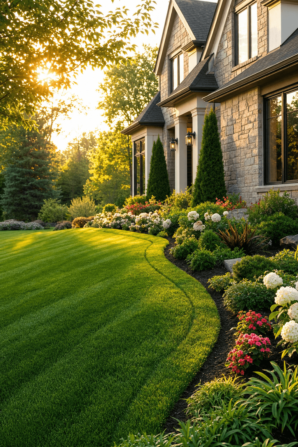 Lush green manicured lawn with striped mowing pattern, clean edging, and colorful flower bed in warm golden sunlight — showcasing premium landscaping work.