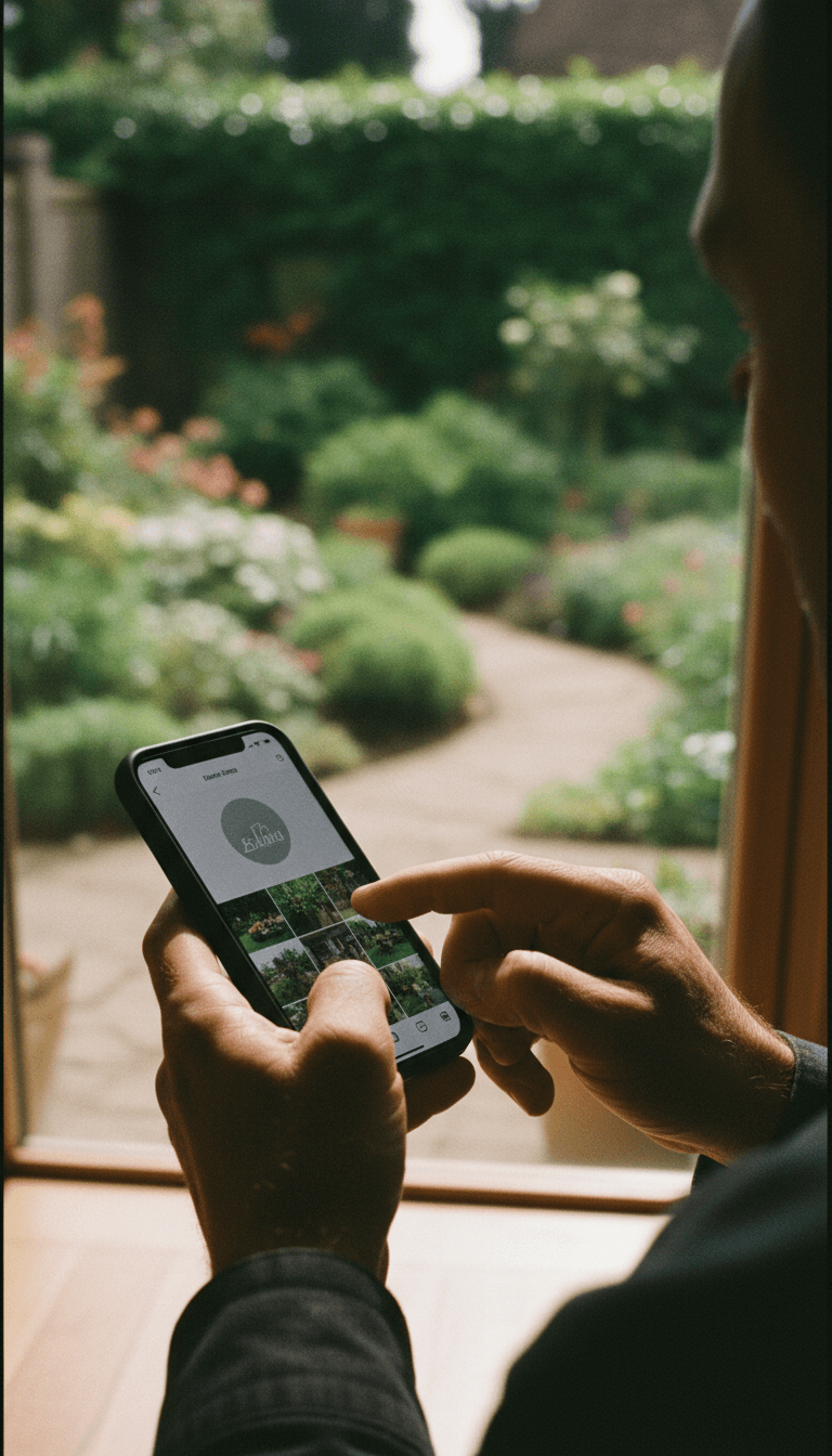 Contractor scrolling through social media feed on phone with landscaped garden background