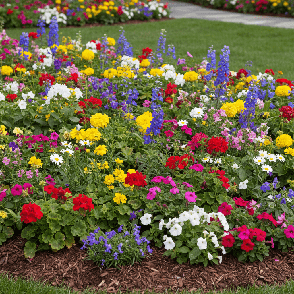 Vibrant flower bed with fresh mulch