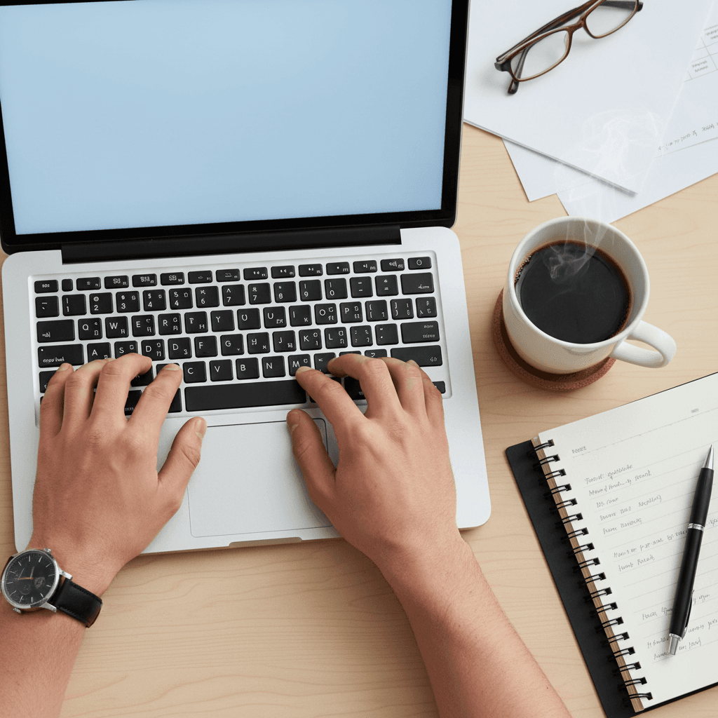 Writing blog articles on laptop