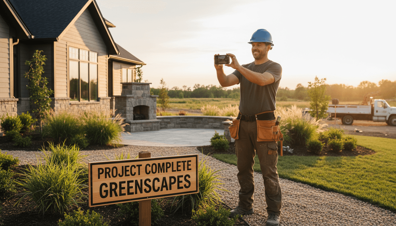 Landscaping contractor photographing completed job