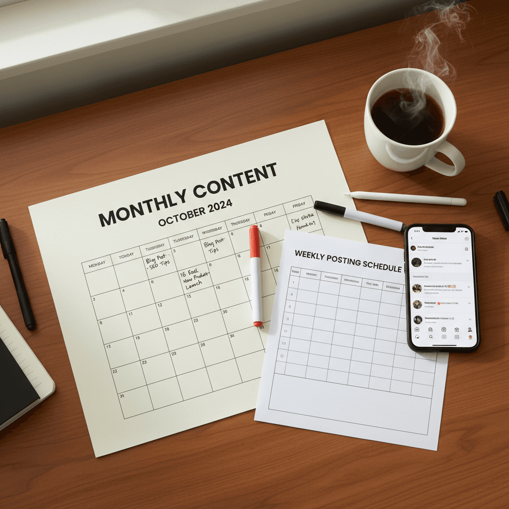 Monthly content calendar on desk