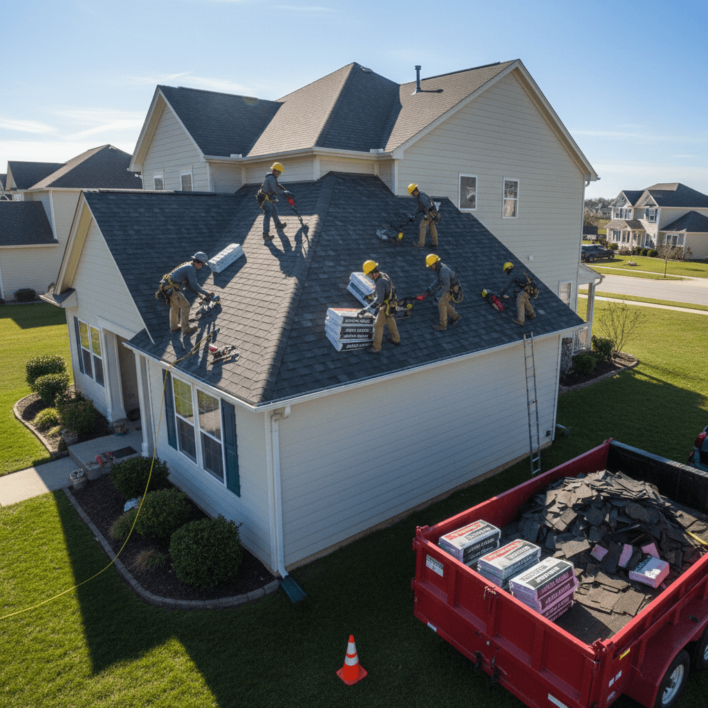 Roofing crew installing new shingles