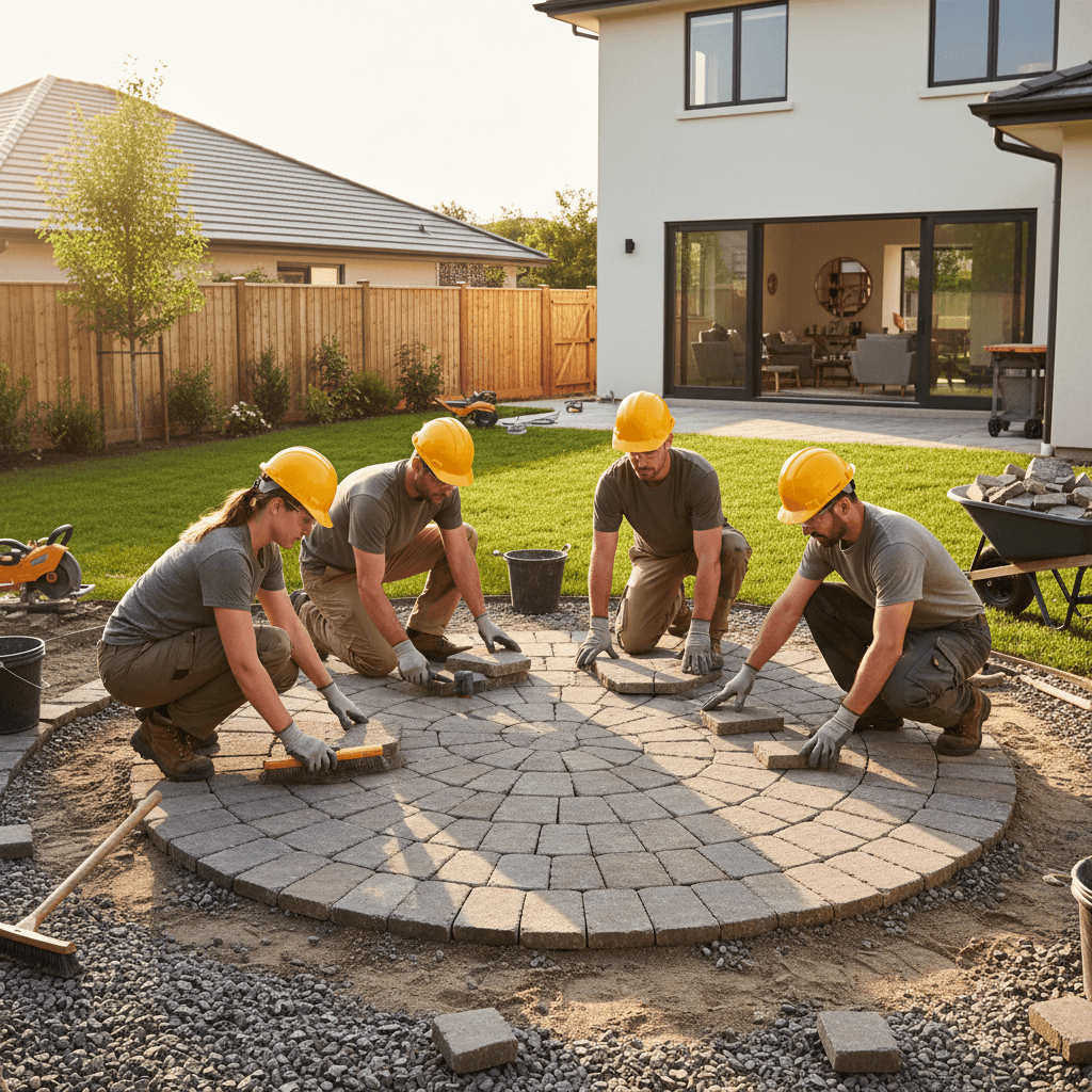 Hardscaping team installing a stone patio