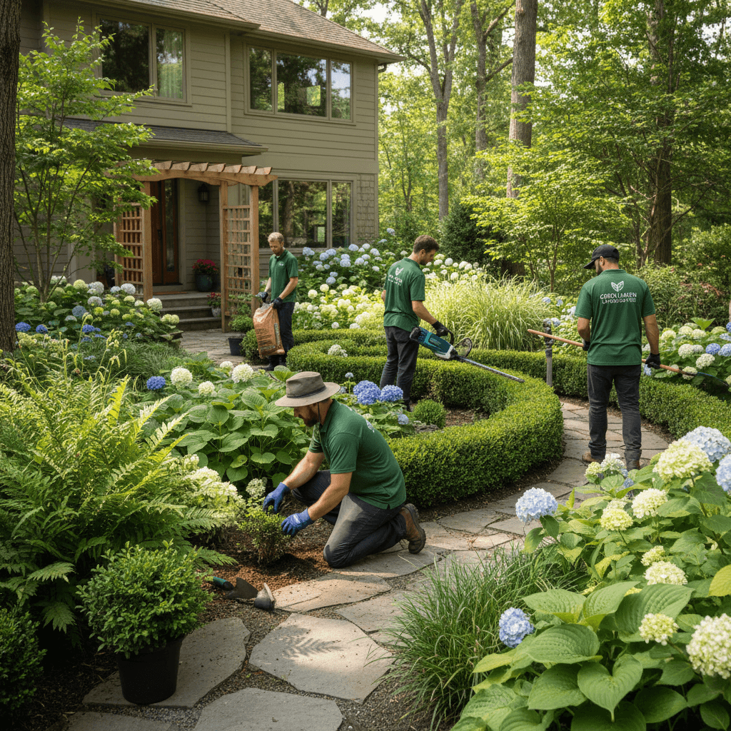 Landscaping crew working on a residential garden project