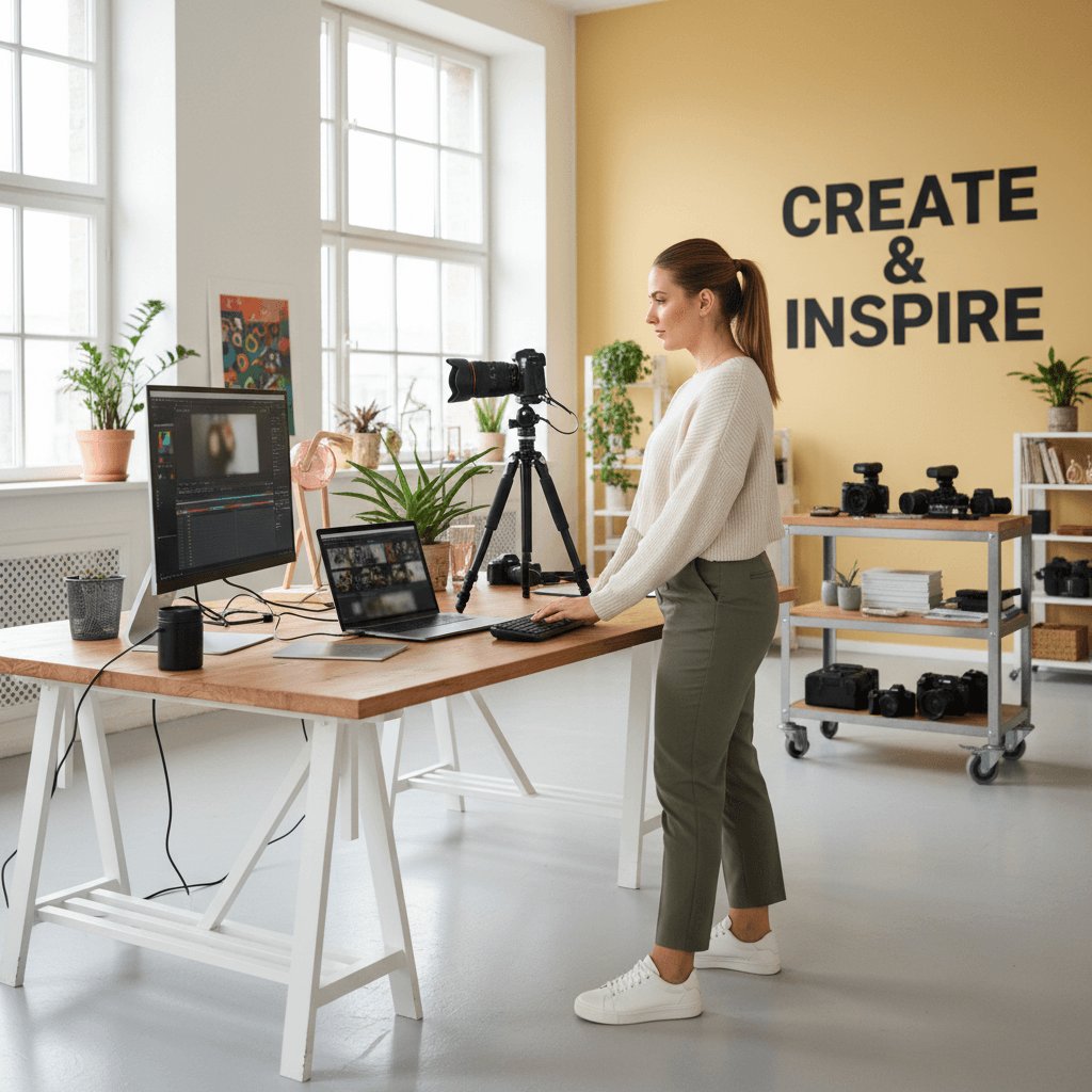 Content creator at desk with camera and laptop