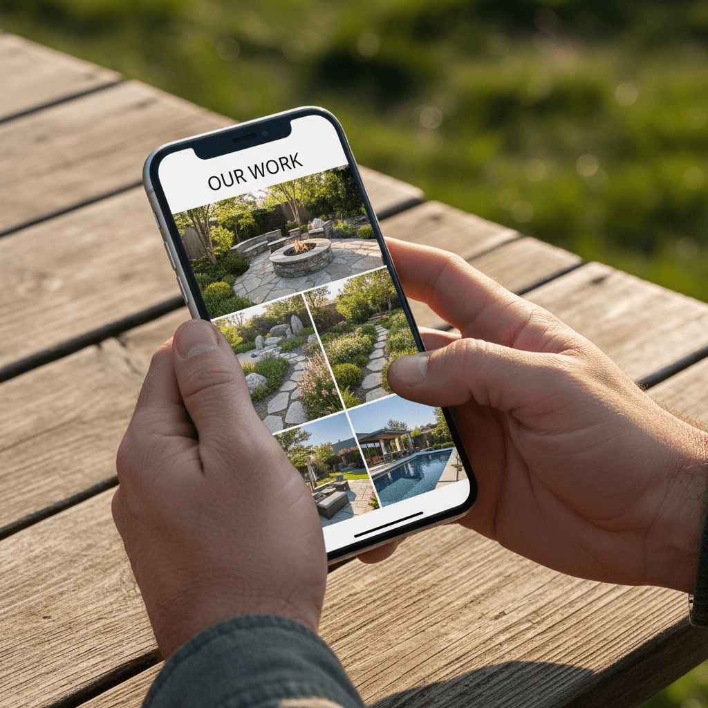 Landscaper reviewing project photos on his phone