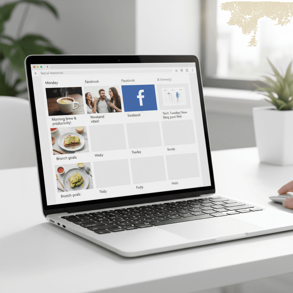 Social media post creation on laptop
