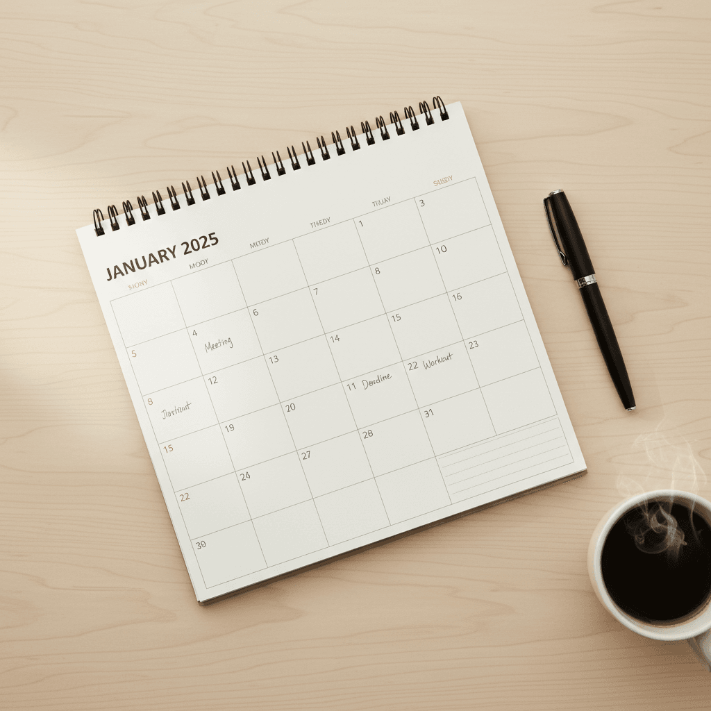 Monthly content calendar on desk