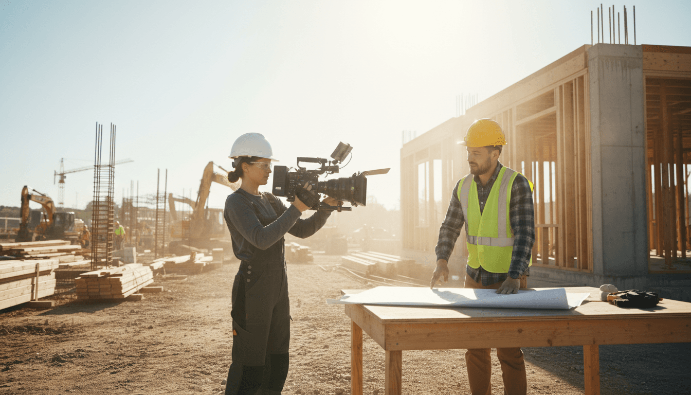 Professional video content creator filming a contractor on a construction site