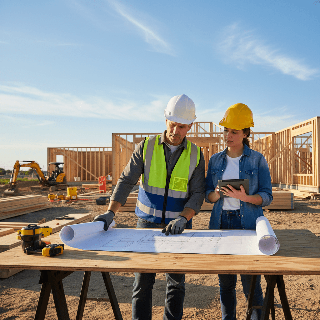 General contractor reviewing blueprints at a construction site