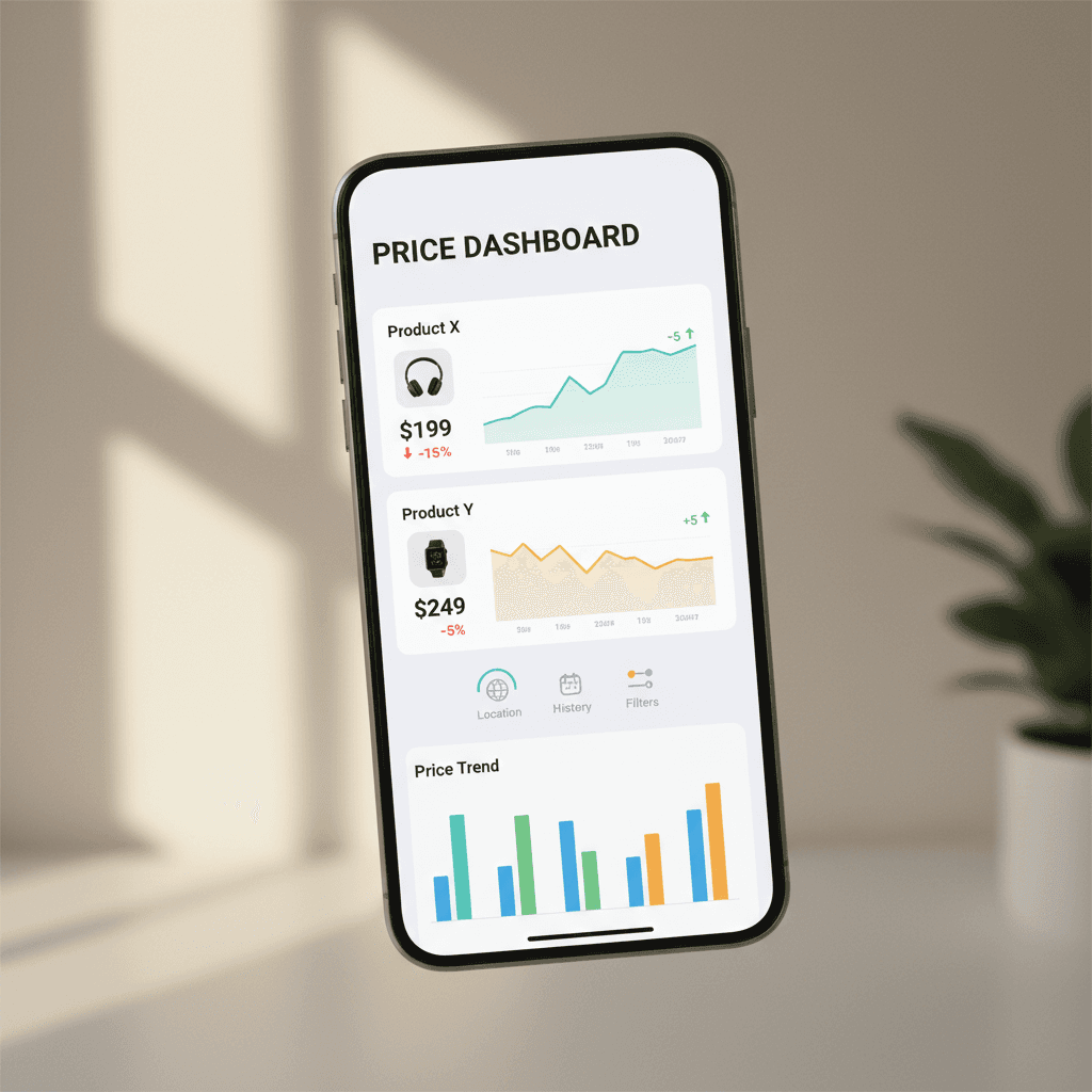 Smartphone screen showing price comparison dashboard with product listings, price charts, and filtering options