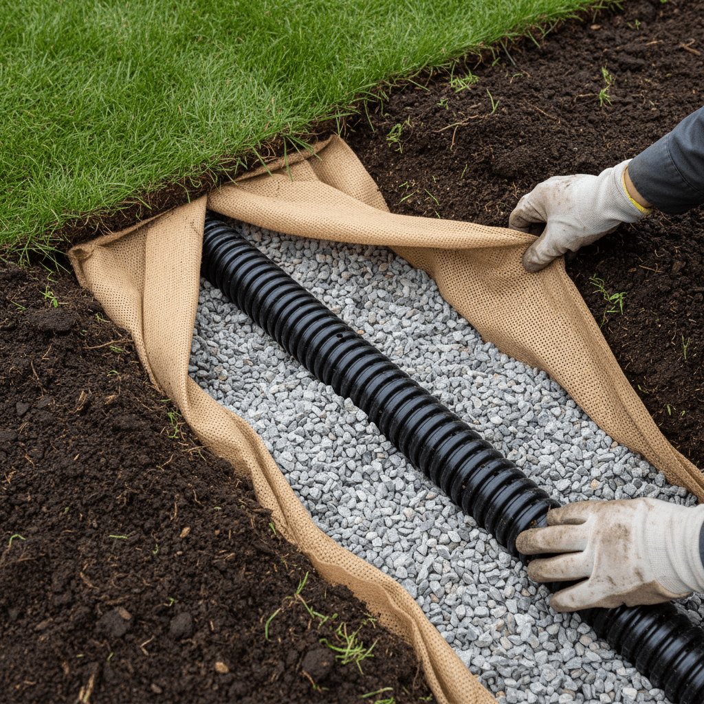 Close-up overhead view of French drain installation showing perforated pipe, gravel, and filter fabric layers with landscaper's hands demonstrating construction
