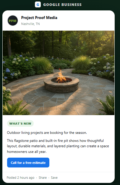 Circular flagstone patio with a central stone fire pit surrounded by lush garden landscaping.